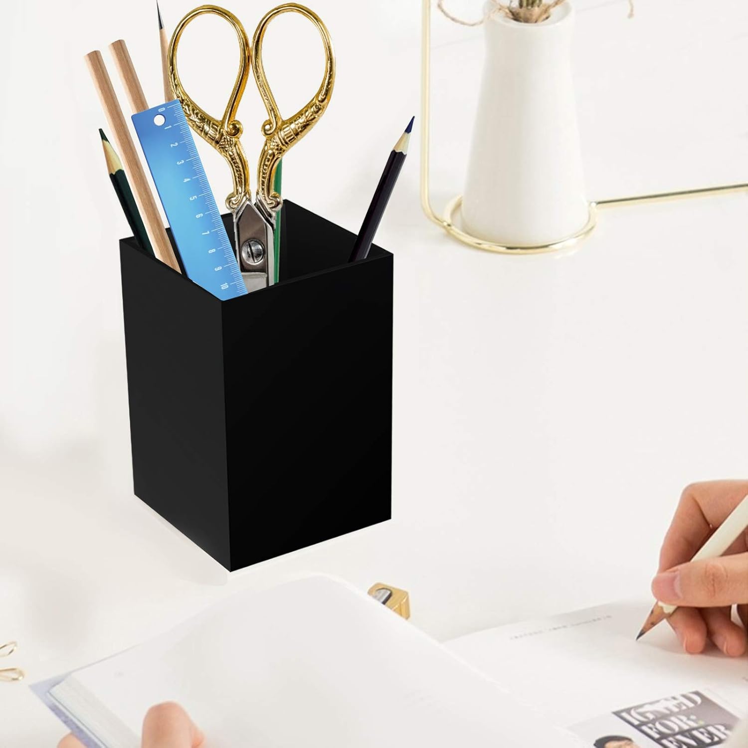 Acrylic Pen Holder for Desk, Black Pencil Organizer, Makeup Brush Holder Cup Storage Office Desktop Stationery Organizer - Image 2