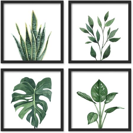 Bathroom Wall Art Set of 4 Botanical Wall Decor Green Plant Picture Frame Prints for Home Bedroom Restroom Decoration (Black, 10x10)