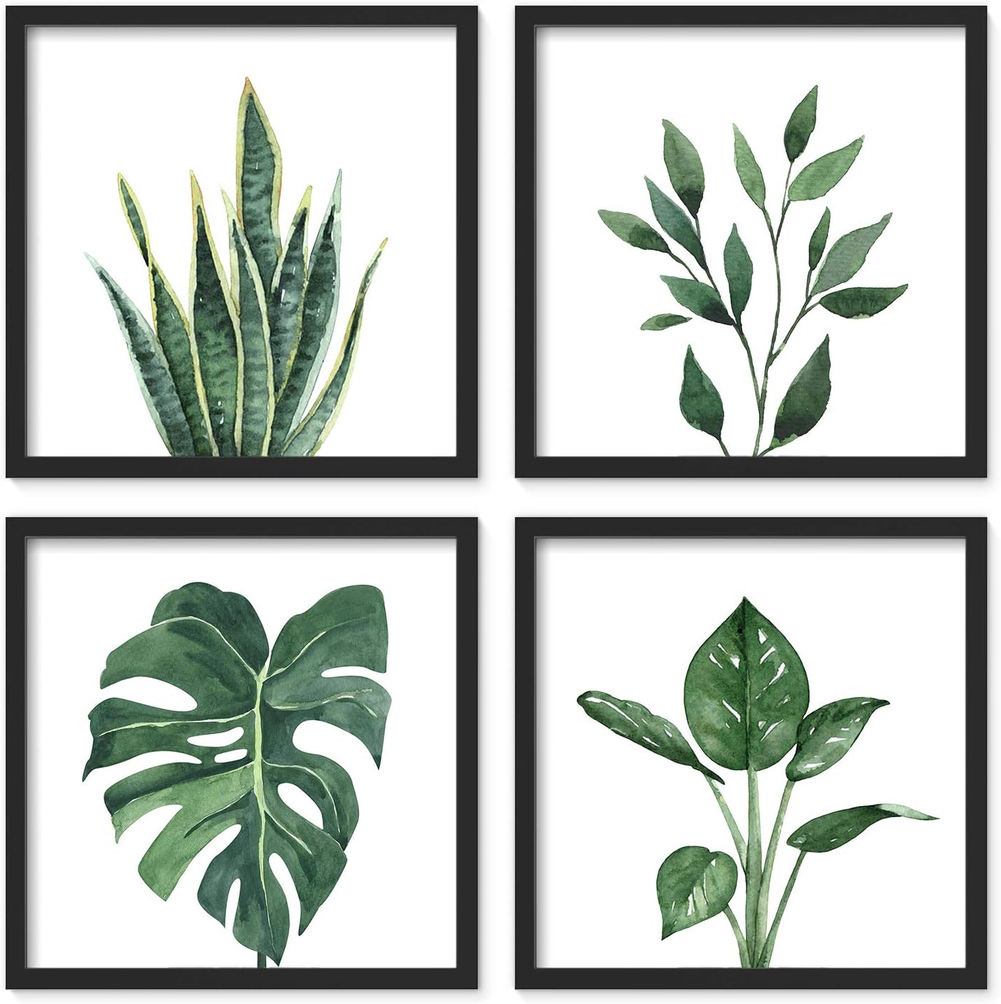 Bathroom Wall Art Set of 4 Botanical Wall Decor Green Plant Picture Frame Prints for Home Bedroom Restroom Decoration (Black, 10x10)