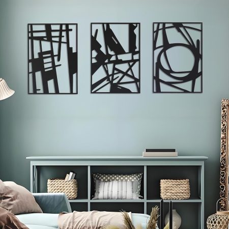 Metal Wall Art Decor for Living Room Bedroom Bathroom, Black Abstract Metal Wall Art Decor Sculptures, Modern 3D Single Line Textured Minimalist Decor for Home Office (17" x 12.2" x 3PCS)