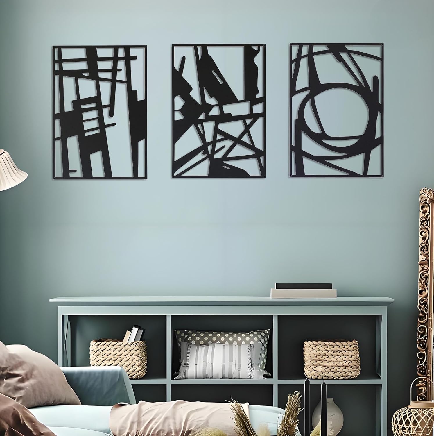 Metal Wall Art Decor for Living Room Bedroom Bathroom, Black Abstract Metal Wall Art Decor Sculptures, Modern 3D Single Line Textured Minimalist Decor for Home Office (17" x 12.2" x 3PCS)