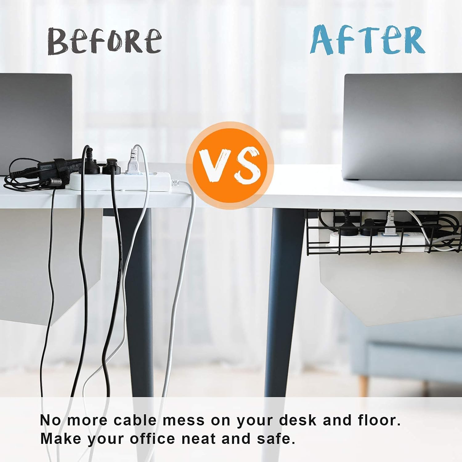 Under Desk Cable Management- 2 Pack Cord Organizer. Metal Wire Cable Management Tray for Office, Studio and Home. Super Sturdy Under Table Cable Management - Black Cable Organizer - Image 2