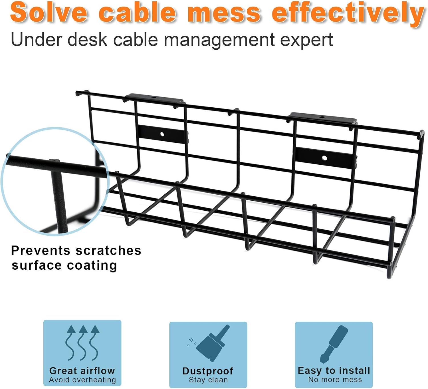 Under Desk Cable Management- 2 Pack Cord Organizer. Metal Wire Cable Management Tray for Office, Studio and Home. Super Sturdy Under Table Cable Management - Black Cable Organizer - Image 3